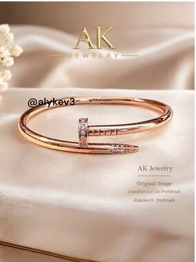 💎LUXURY 7.5” High End Style Rose Gold Nail Bracelet Stackable Bangle CZ Pave